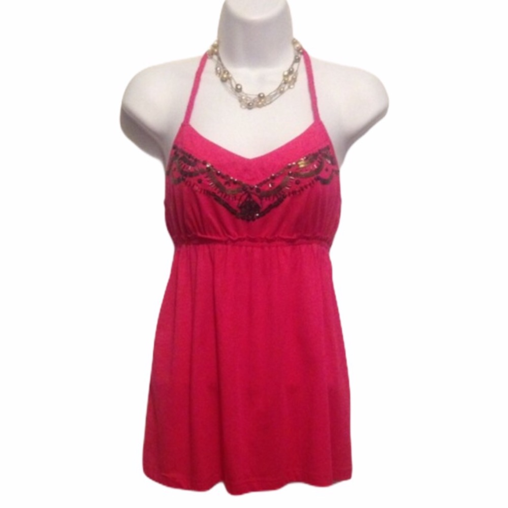 Pink Top V Neck Halter Top w/  Beading